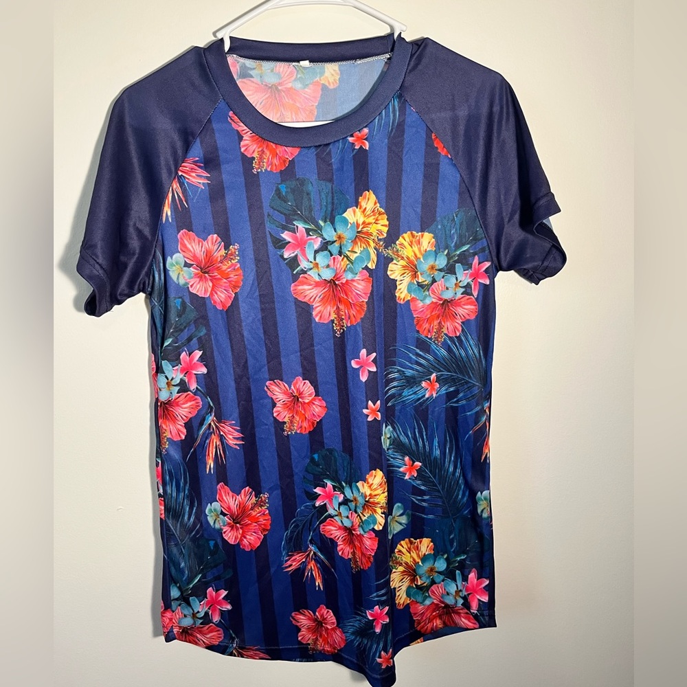 Unbranded Navy Floral Striped Semi Sheer Short Sleeve T Shirt Men’s Size S